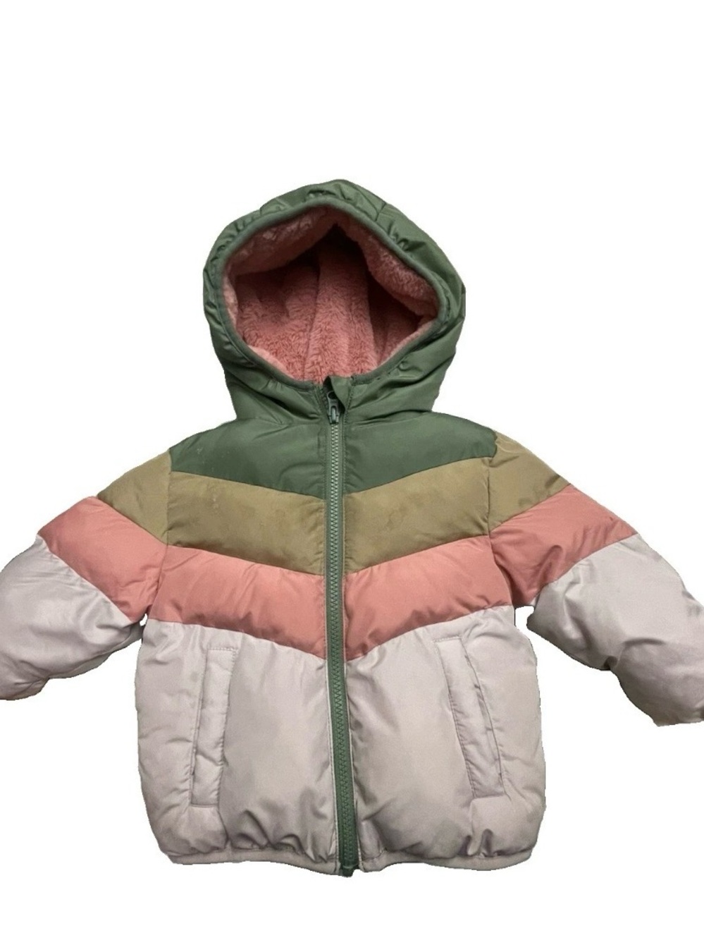 Swiss Tech Kids Puffer Jacket in Green, Pink, Cream